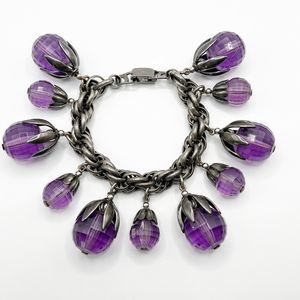VTG Napier Cumquat Charm Bracelet Purple Crystal Gunmetal Eugene Bertolli 1960s